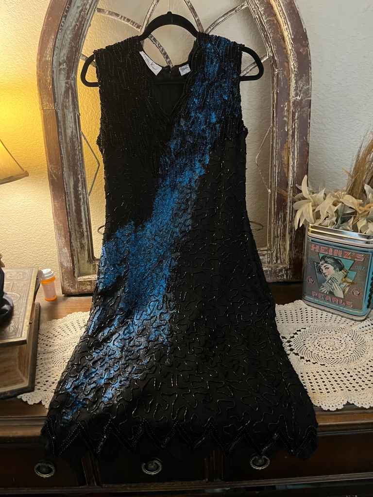 Lawrence Kazar Black And Blue Beaded Evening Topsize 7/8